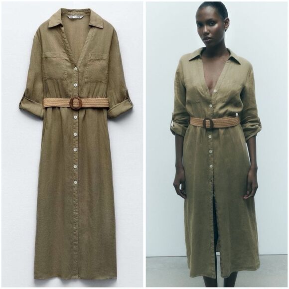 ZARA BELTED LINEN SHIRT DRESS - Picture 1 of 3